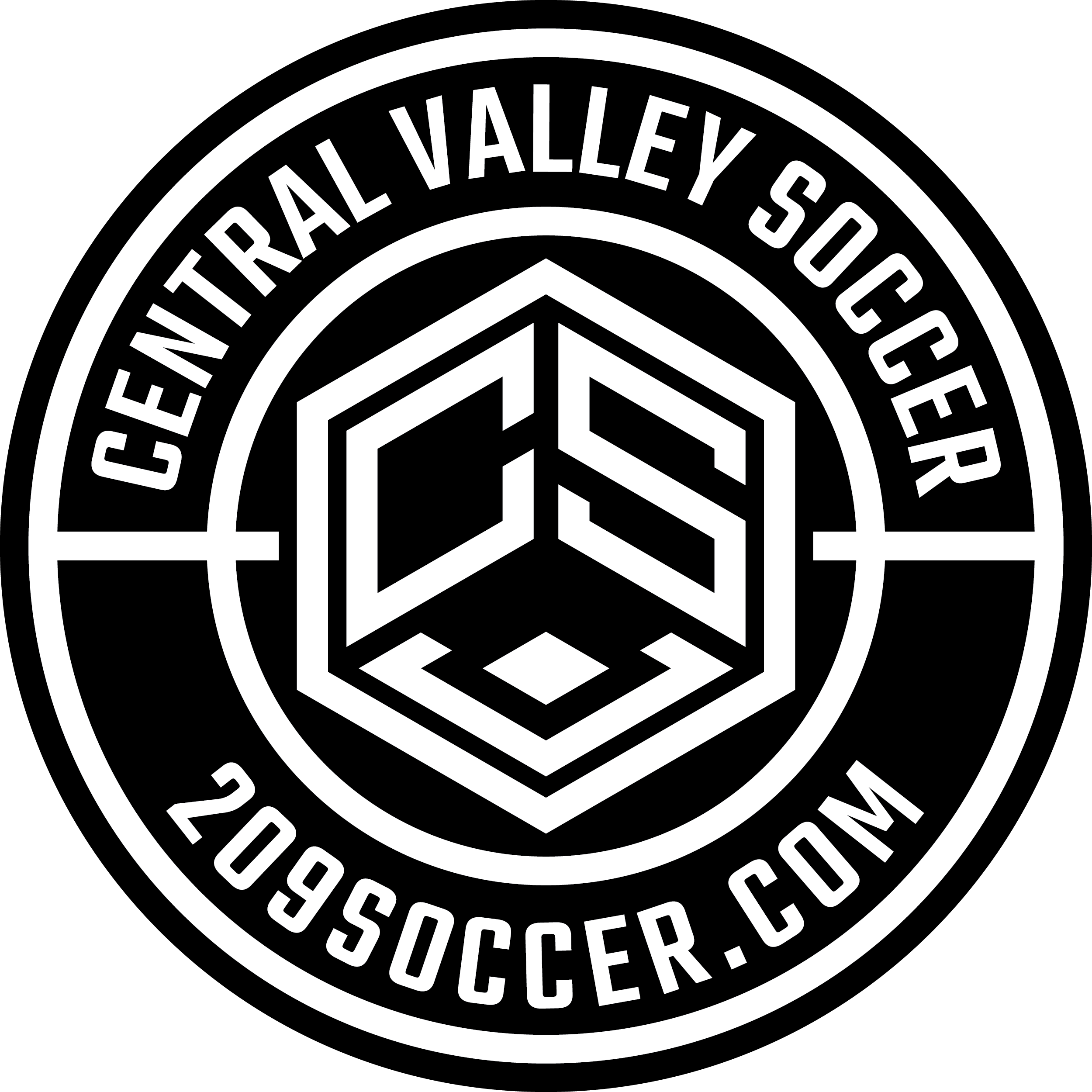 Central Valley Soccer logo with hexagonal design and website URL on a black background